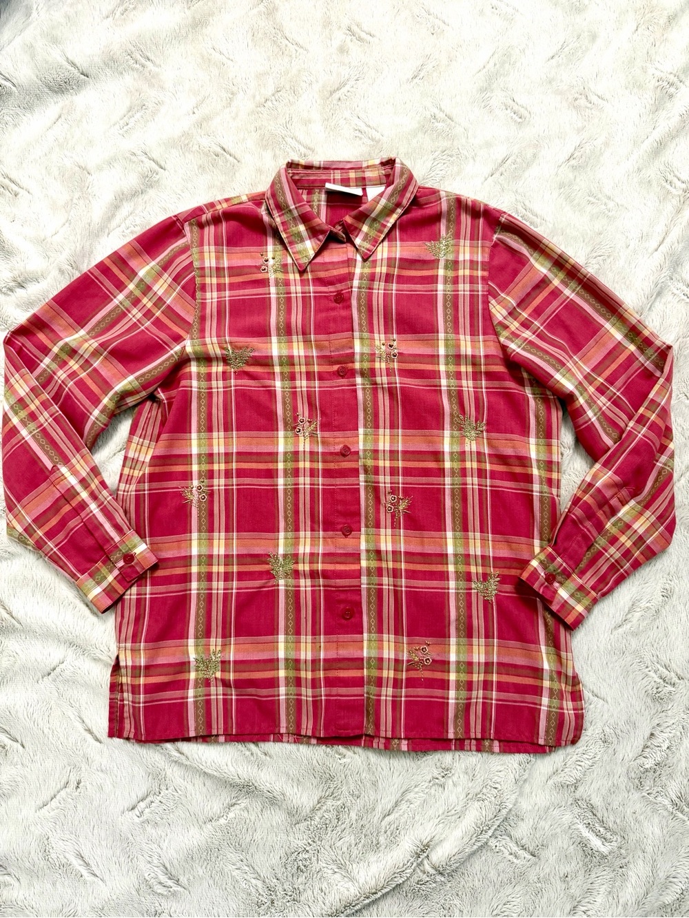 Vintage Style Alfred Dunner Red Plaid Embroidered Floral Shirt Blouse Size 12